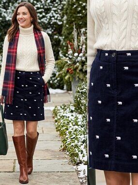 Talbots Women's Size 14 Dark Navy Polar Bear Embroidered Velveteen Skirt